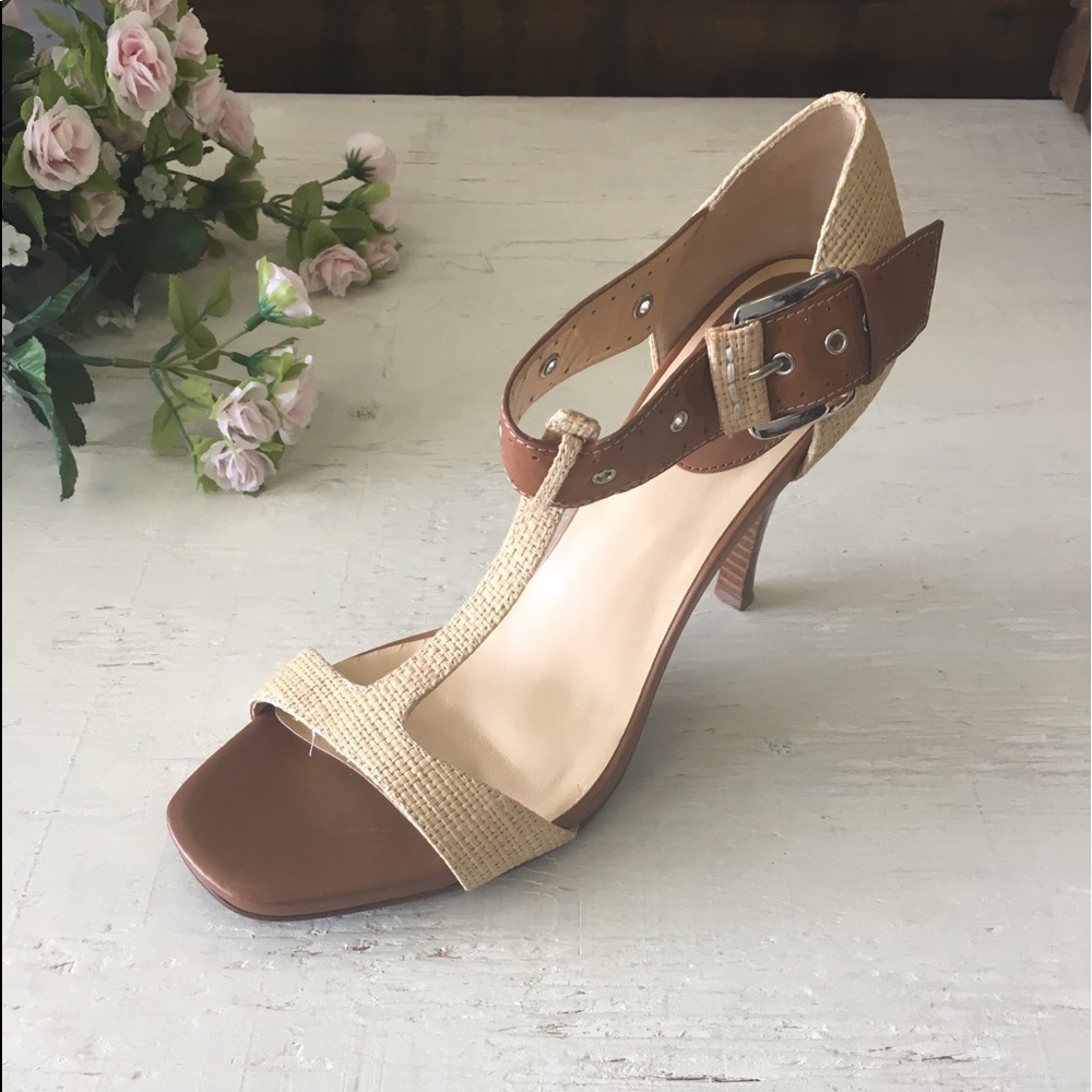 Cole Haan beige and brown ankle wrap heels